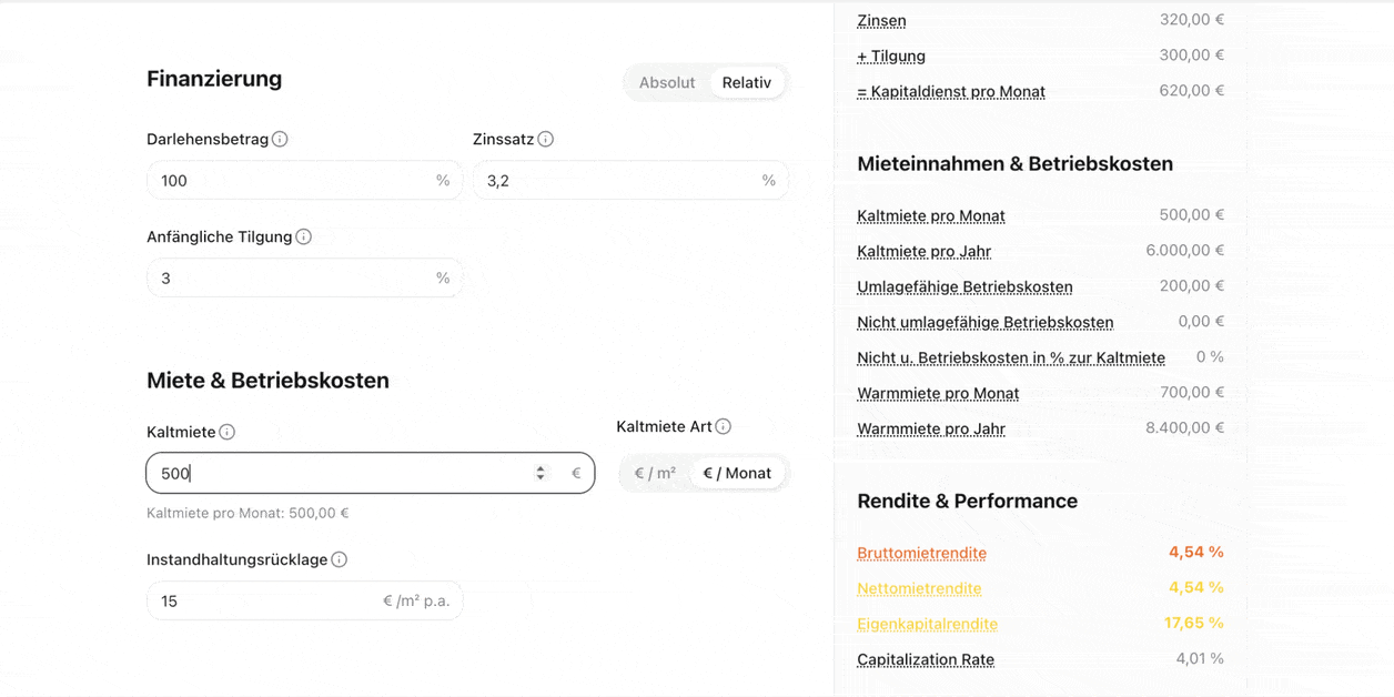 Screenshot der Funktion: Investitionskosten-Analyse