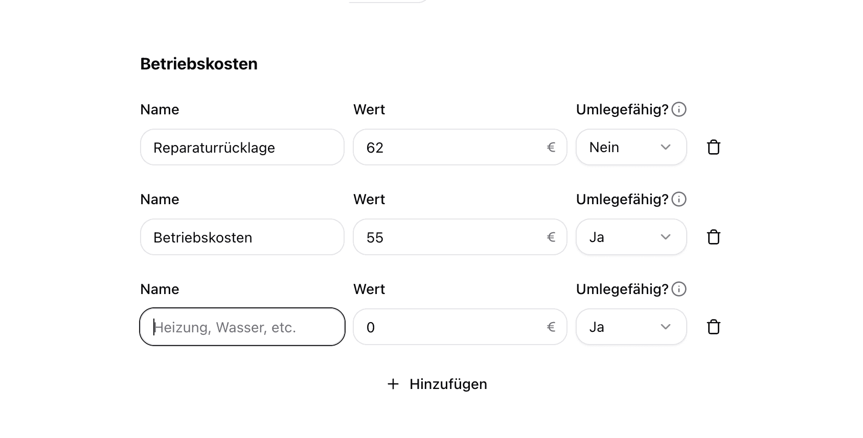 Screenshot der Funktion: Betriebskosten Berücksichtigung